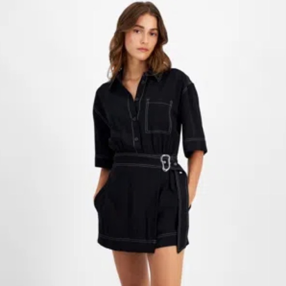 Bar III Black With White Seams Short Sleeve Belted Utility Button Up Romper